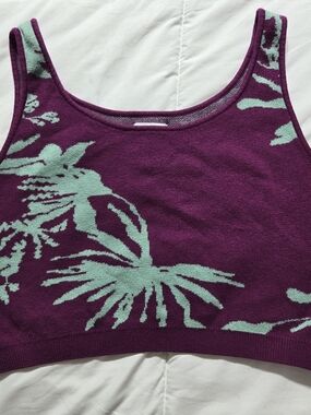 Future Collective Purple Floral Knit Crop Top with Mint Jacquard - Women Lg